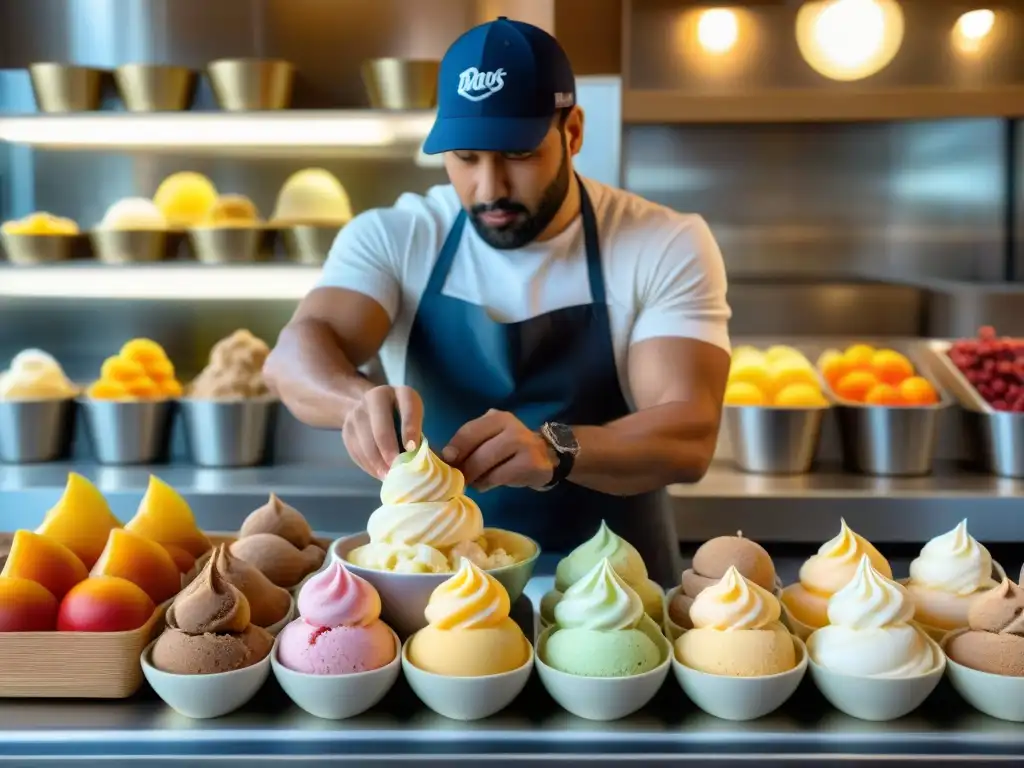 Un maestro artesano elabora un helado gourmet con maestría en una heladería tradicional