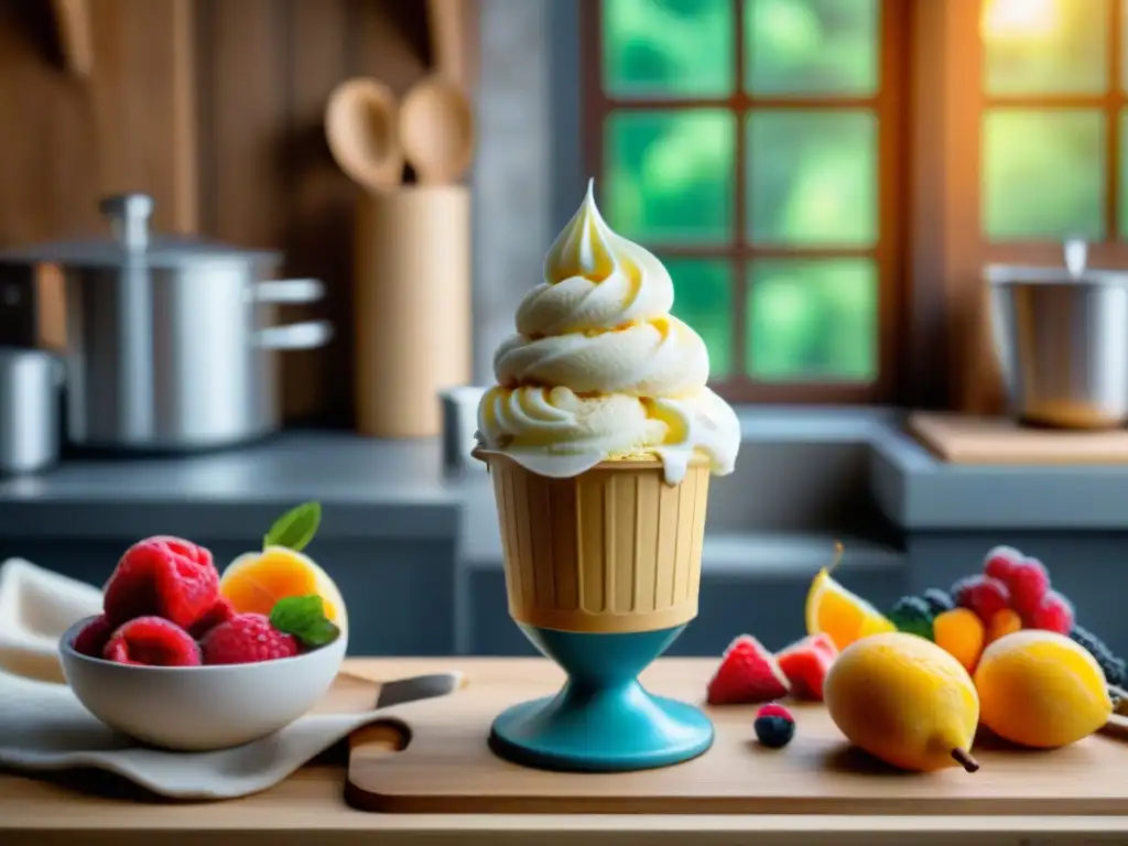 Un maestro artesano elaborando helados de frutas gourmet en una cocina tradicional, con frutas vibrantes y luz natural