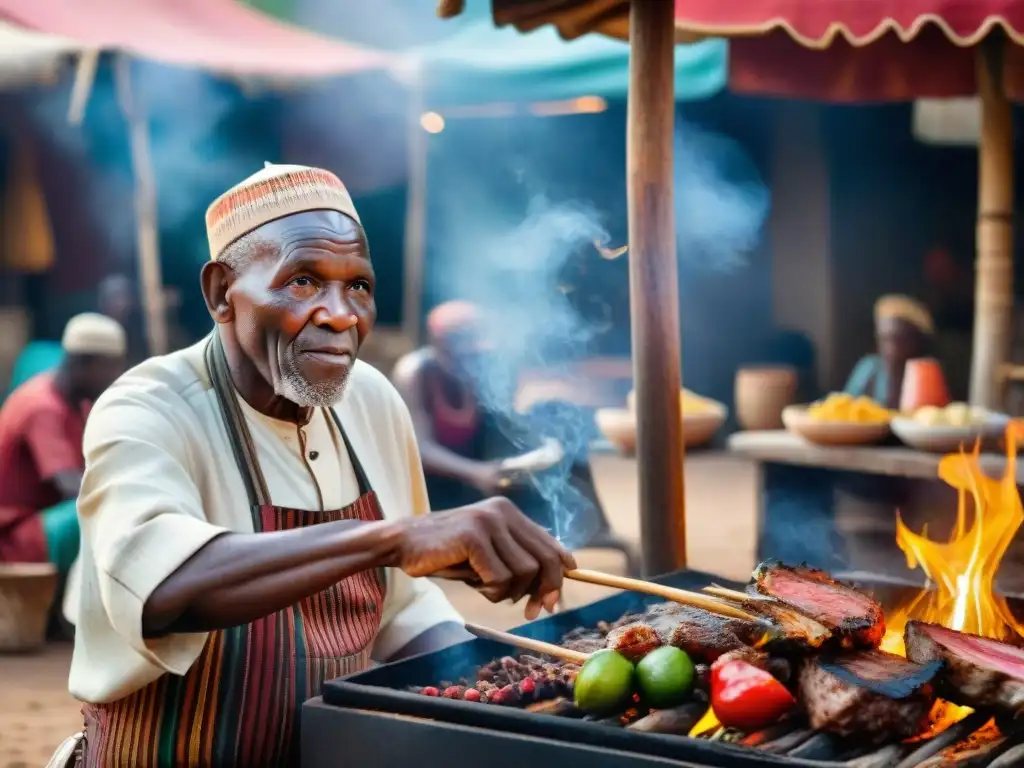 Maestro asador africano preparando exquisitas parrilladas en mercado vibrante, entre especias y frutas exóticas