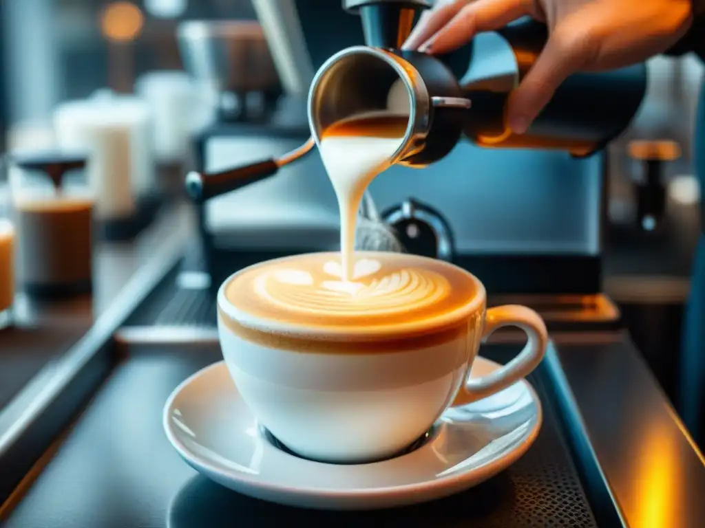 Un maestro barista creando espuma perfecta para cafés gourmet con destreza y arte en una cafetería moderna