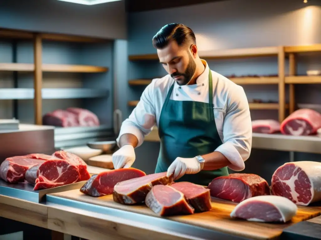 Un maestro carnicero artesanal preparando carne gourmet con conciencia artesanal en una carnicería rústica