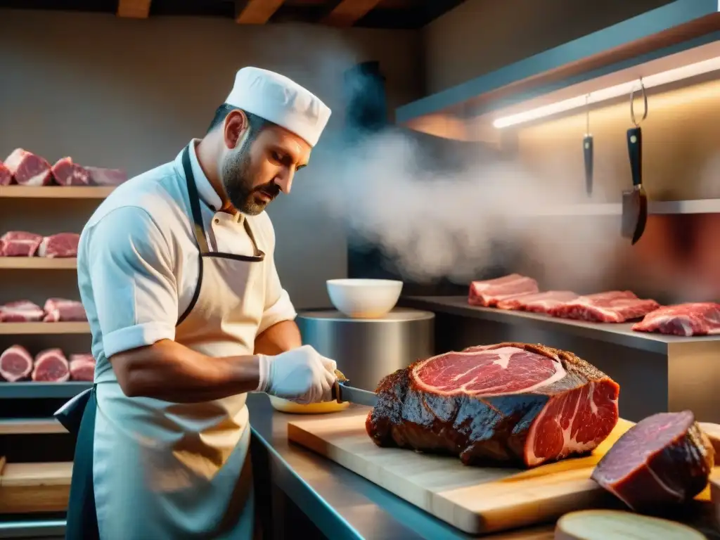 Un maestro carnicero artesanal cortando carne premium en una carnicería vintage, iluminada cálidamente