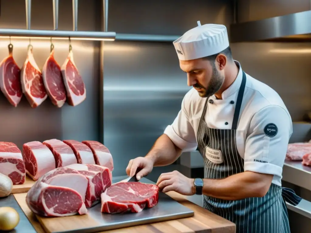 Un maestro carnicero artesanal corta precisamente una pieza de carne premium, mostrando sus texturas y marmoleado