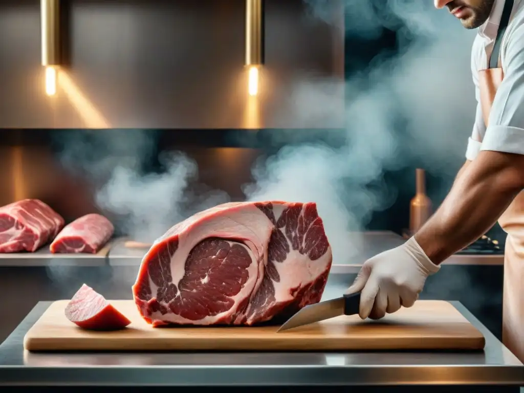 Un maestro carnicero artesanal prepara con destreza una pieza de carne gourmet, destacando cortes e dedicación