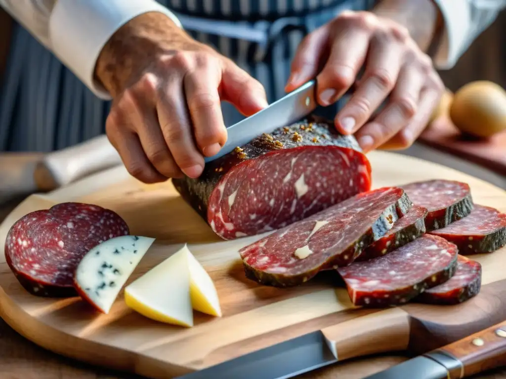 Maestro carnicero cortando salami artesanal, destacando la preparación embutidos artesanales gourmet