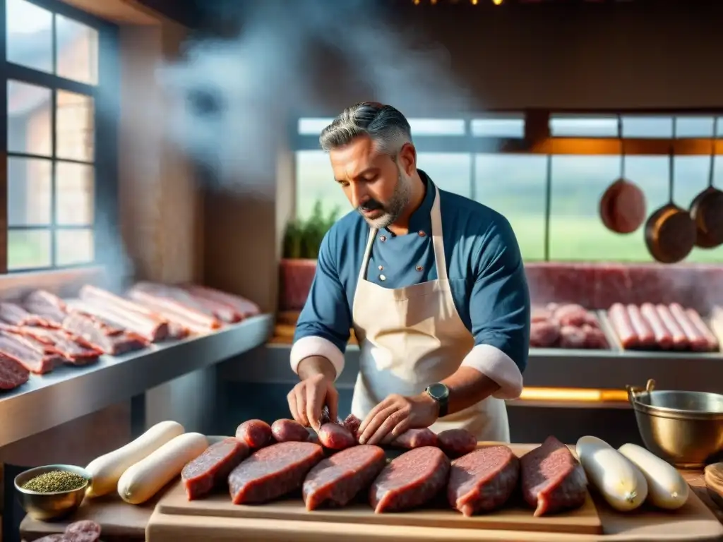 Un maestro carnicero selecciona cortes premium rodeado de especias en una carnicería tradicional, creando embutidos artesanales gourmet tradicionales