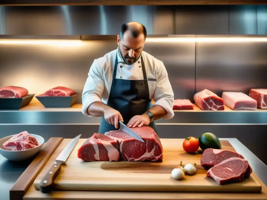 Un maestro carnicero experto desglosa una pieza de carne de primera calidad en un bloque de madera, rodeado de herramientas rústicas