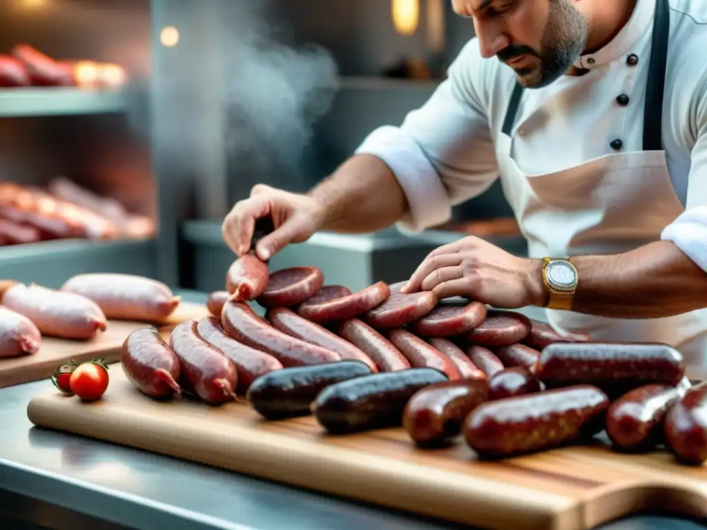 Un maestro carnicero italiano preparando embutidos artesanales, reflejo de la autenticidad y dedicación en la charcutería italiana sabores únicos