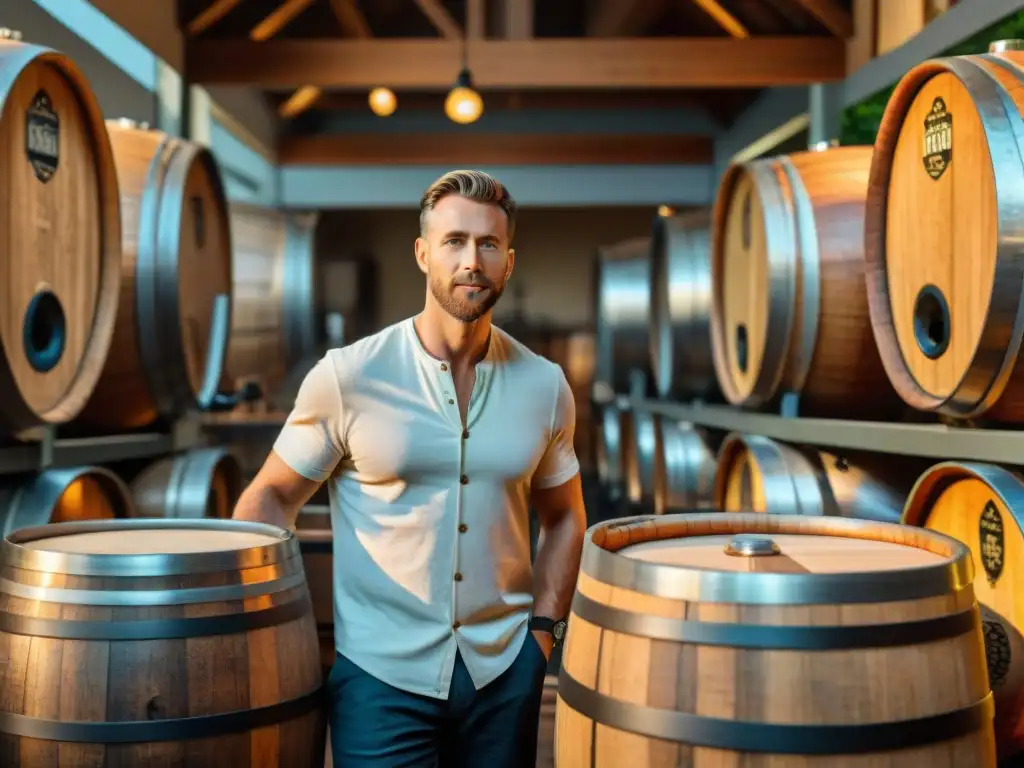 Un maestro cervecero inspecciona un barril de ale en una antigua cervecería artesanal, rodeado de ingredientes y herramientas, mostrando la rica historia de la producción de cerveza artesanal