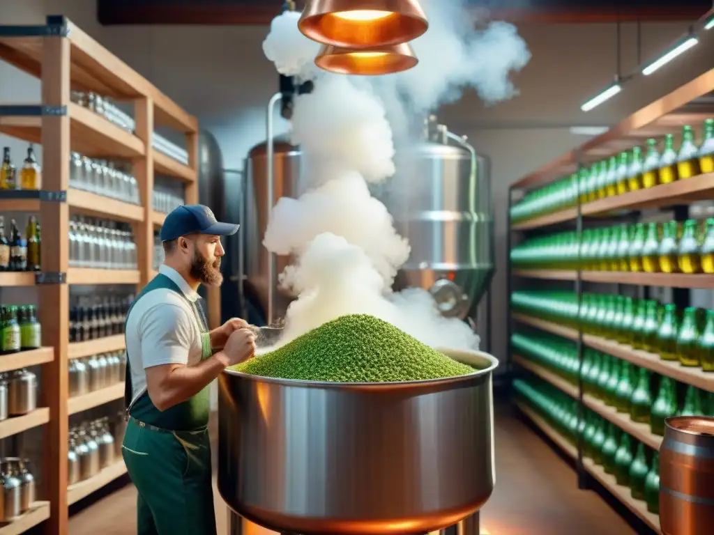 Un maestro cervecero vierte lúpulo en un caldero de cobre en una bulliciosa cervecería, mostrando pasión por la revolución cerveza artesanal mundo