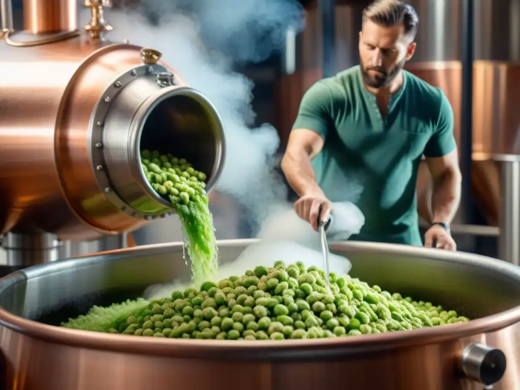 Maestro cervecero vierte lúpulo y cebada en olla de cobre brillante, resaltando colores y texturas