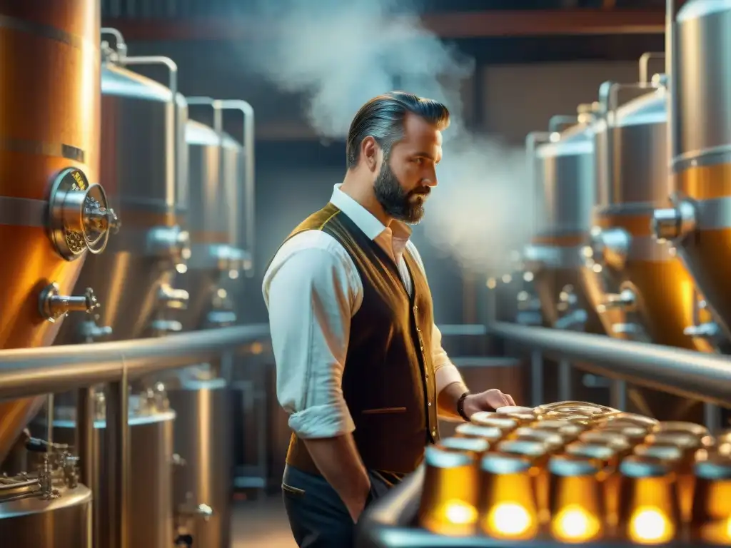 Un maestro cervecero inspecciona la cerveza dorada en una fábrica iluminada por fermentadores brillantes