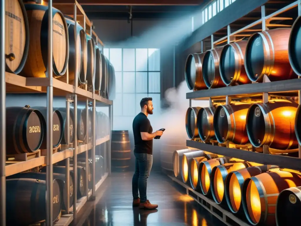 Un maestro cervecero examina una cerveza oscura gourmet en una cervecería, rodeado de barriles de madera y ingredientes exóticos