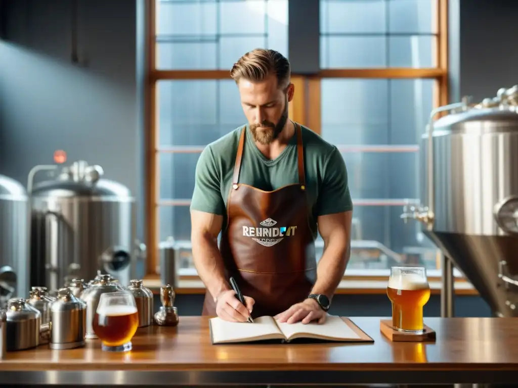 Un maestro cervecero independiente meticuloso, creando una receta de cerveza