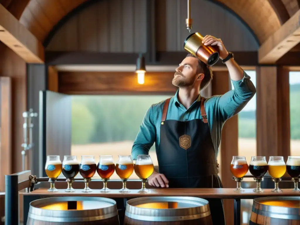 Un maestro cervecero vierte con precisión una cerveza artesanal dorada en un vaso elaborado, en una cervecería rústica del siglo XXI