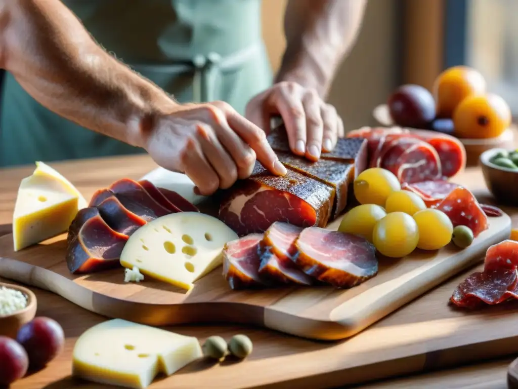 Un maestro charcutero cortando carnes y quesos gourmet con precisión