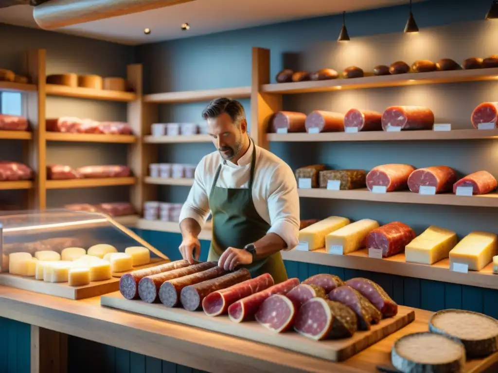 Un maestro charcutero selecciona con destreza los mejores cortes en una tienda de calidad charcutería artesanal gourmet