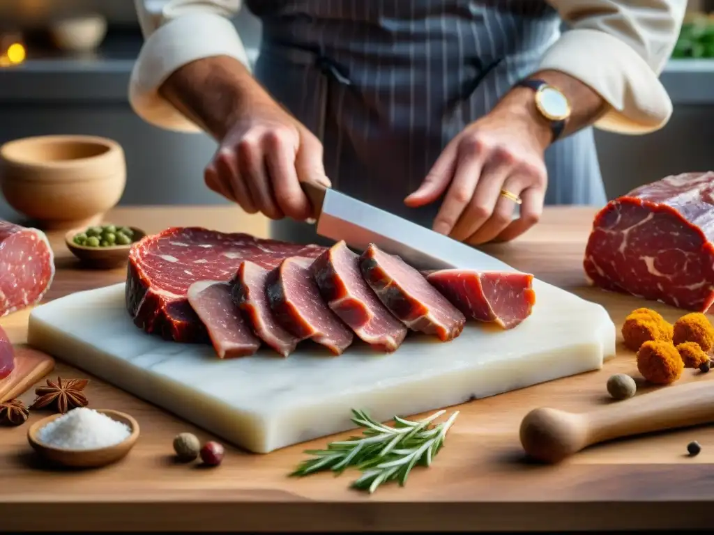 Un maestro charcutero experto en la importancia de la sal charcutería, sazona con precisión una pieza de carne cruda