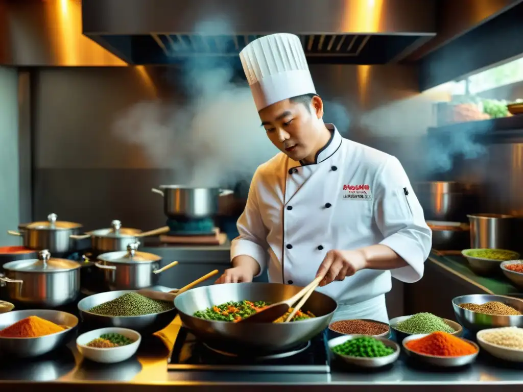 Un maestro chef asiático en una cocina tradicional, rodeado de woks humeantes y especias, preparando una exquisita obra culinaria