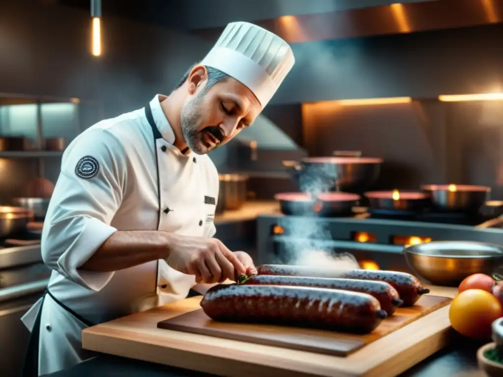 Un maestro chef preparando embutidos artesanales gourmet en una cocina de alta gama