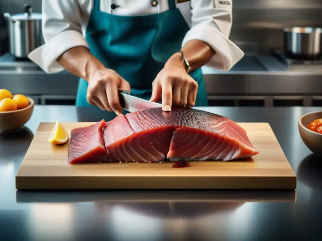 Un maestro chef japonés filetea un atún fresco brillante con destreza en una cocina reluciente