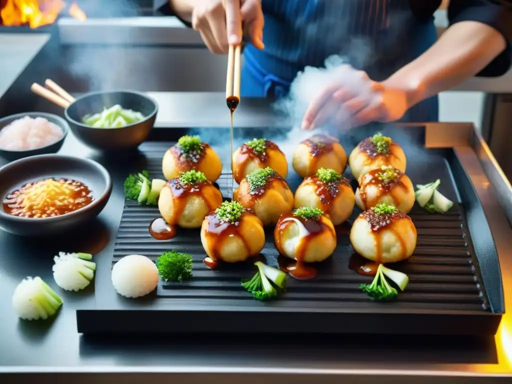 Un maestro chef japonés experto crea Takoyaki con precisión, rodeado de ingredientes frescos