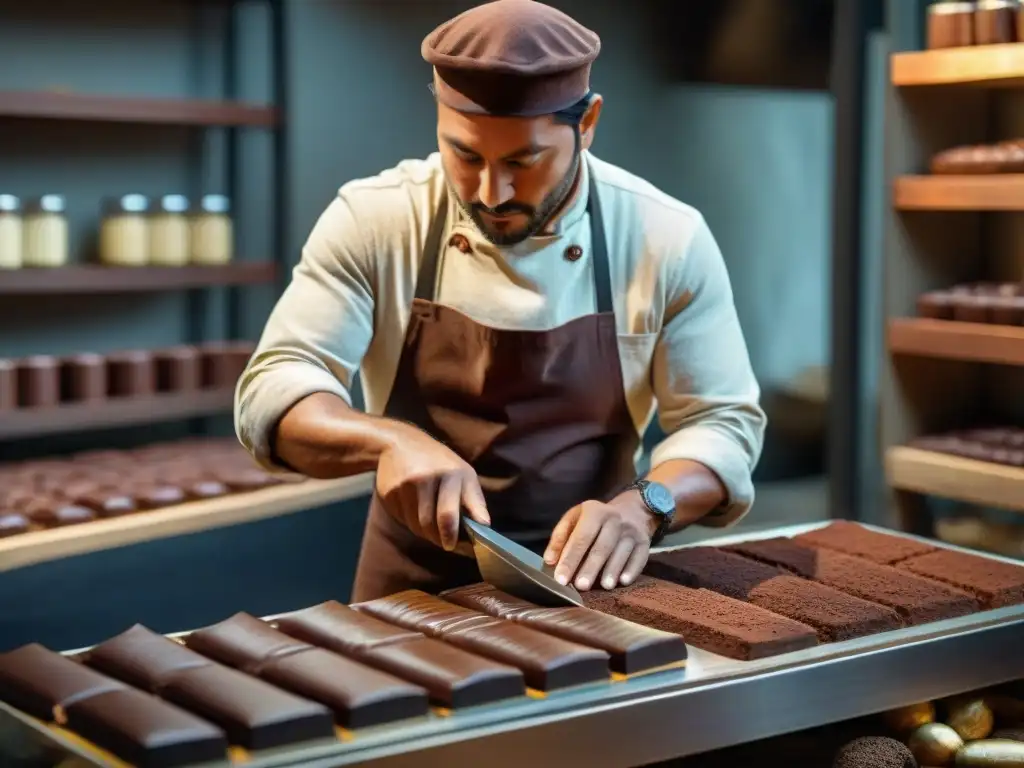 Un maestro chocolatero artesanal elaborando barras de chocolate gourmet en un taller rústico, rodeado de insumos y herramientas vintage