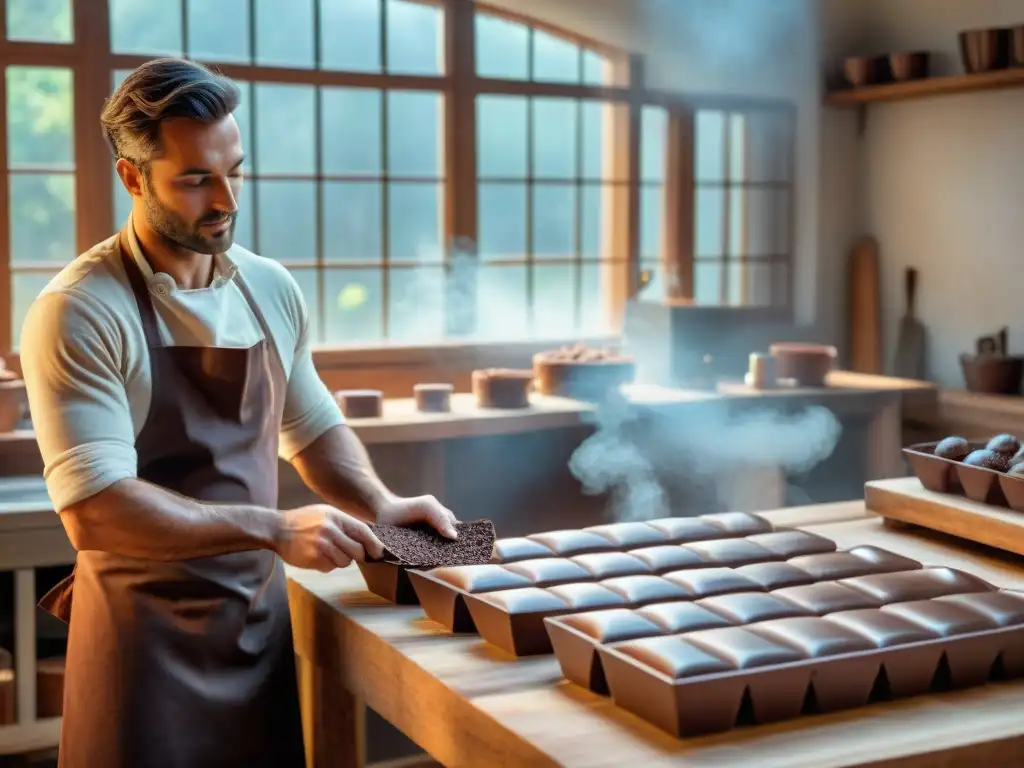 Un maestro chocolatero artesanal creando barras de chocolate premium con cacao de origen en un taller rústico