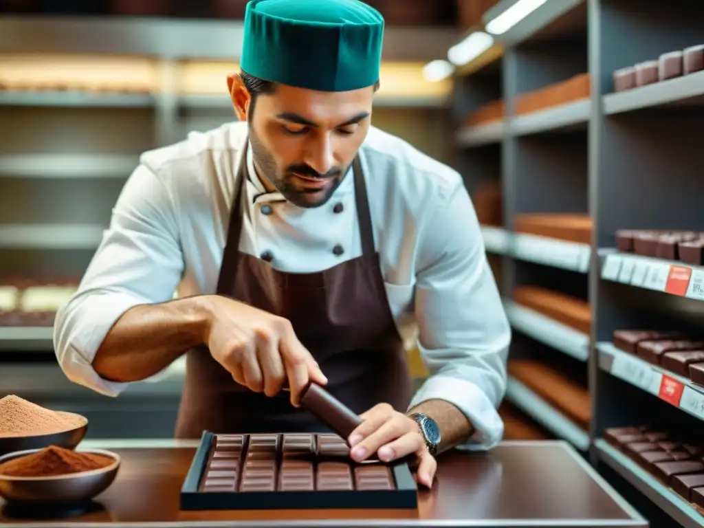 Un maestro chocolatero artesanal moldea cacao gourmet con destreza