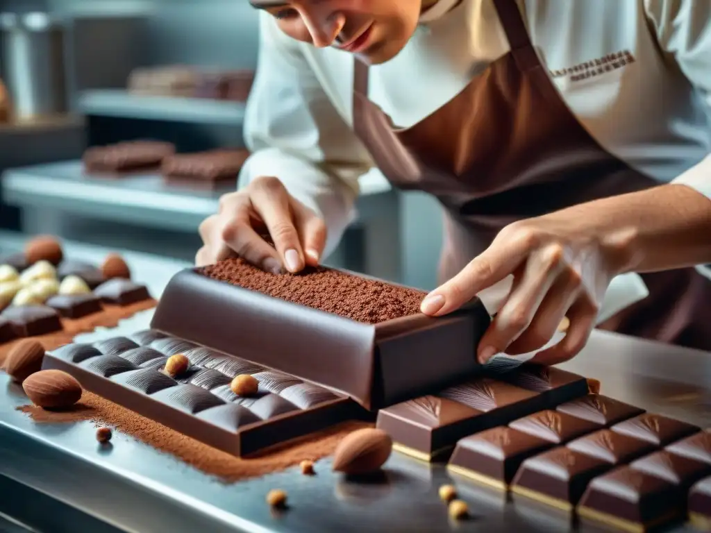 Un maestro chocolatero artesanal fabricando chocolate gourmet con precisión y arte