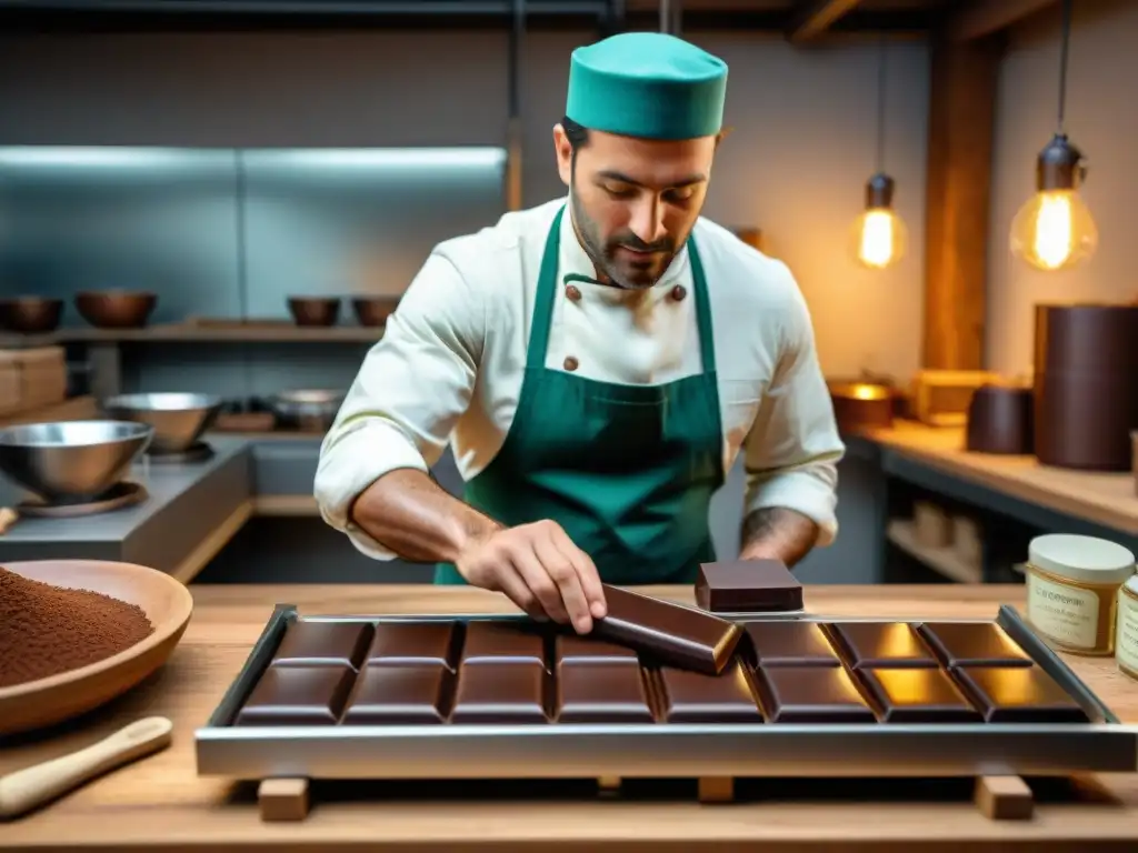 Un maestro chocolatero artesanal elaborando chocolate beantobar con calidad y autenticidad en su taller rústico