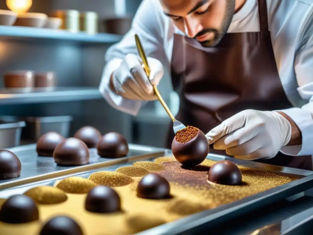 Un maestro chocolatero artesanal crea sabores únicos con destreza, aplicando polvo dorado a un exquisito trufa de chocolate