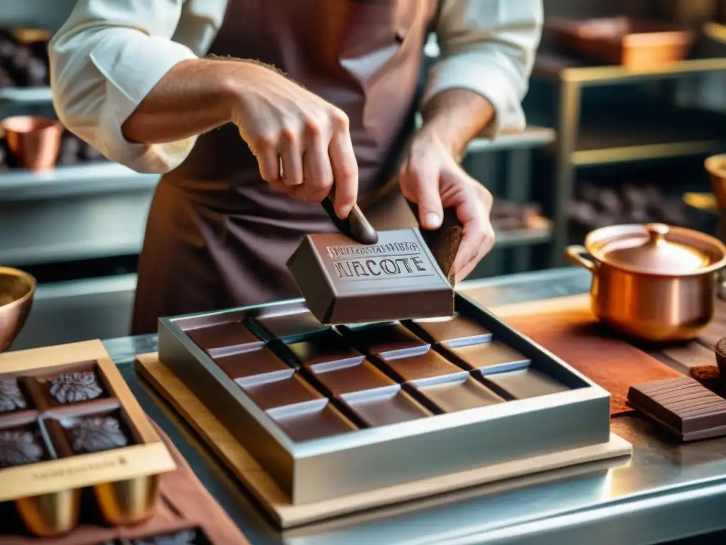 Un maestro chocolatero artesanalmente elaborando una barra de chocolate decadente en una cocina rústica