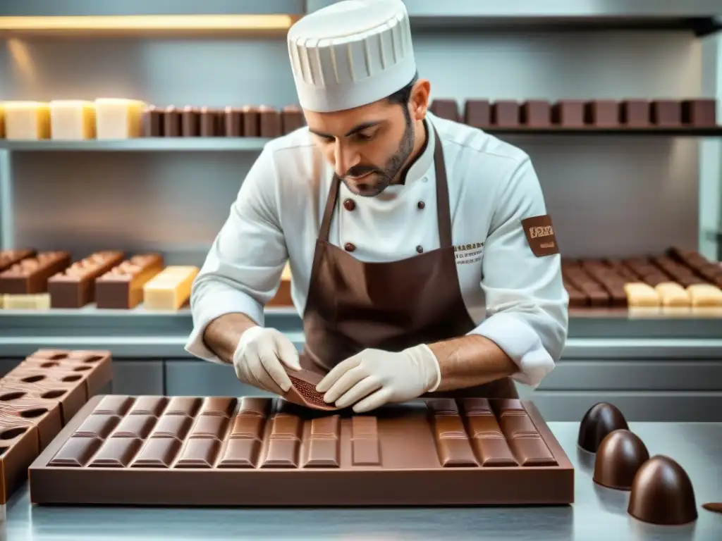 Un maestro chocolatero creando una barra de chocolate gourmet, destacando el proceso artesanal