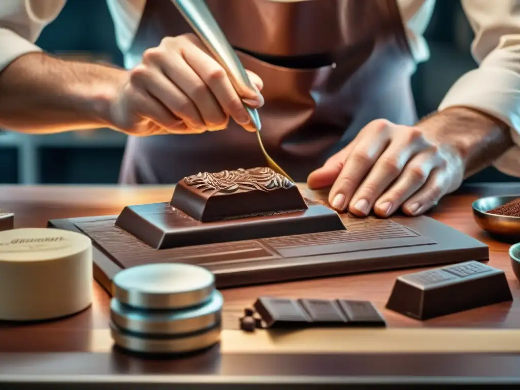 Un maestro chocolatero creando una barra de chocolate artesanal gourmet con precisión y arte