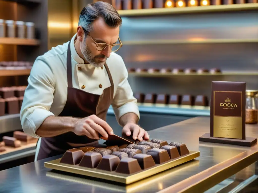 Un maestro chocolatero crea una barra de chocolate artesanal con lujo de detalles en una cocina rústica