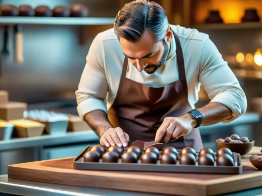 Un maestro chocolatero crea con maestría bombones artesanales en una acogedora cocina rústica