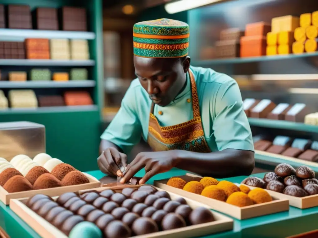 Un maestro chocolatero en un bullicioso mercado africano crea chocolates artesanales con diseños representativos de la región