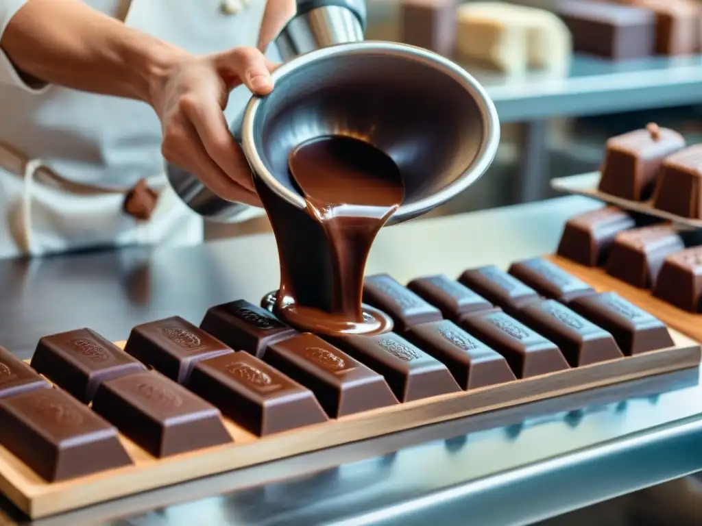 Un maestro chocolatero vertiendo chocolate derretido en moldes, creando barras bean to bar en un taller artesanal de fabricación chocolate bean to bar