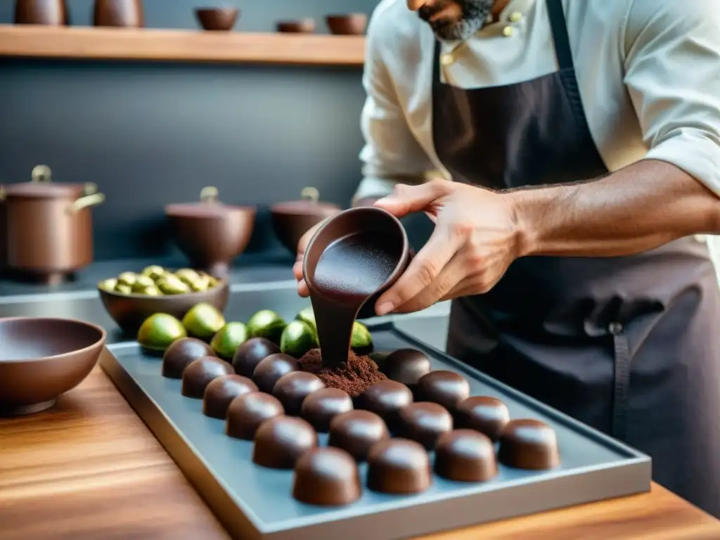 Un maestro chocolatero vierte chocolate oscuro fundido en moldes delicados, rodeado de ingredientes exóticos en una cocina lujosa