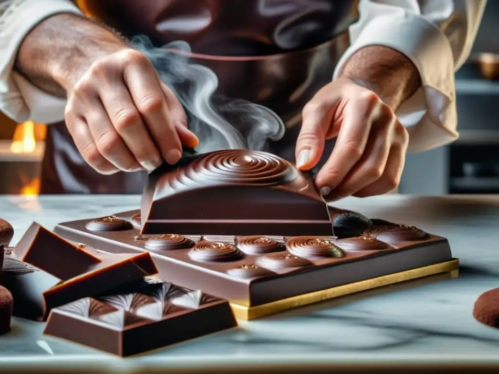 Un maestro chocolatero temperando chocolate oscuro artesanal en mármol, con vapor y luz cálida