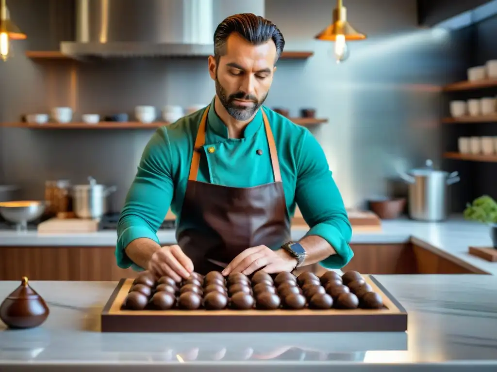 Un maestro chocolatero elabora chocolates artesanales veganos deliciosos en una cocina moderna y limpia