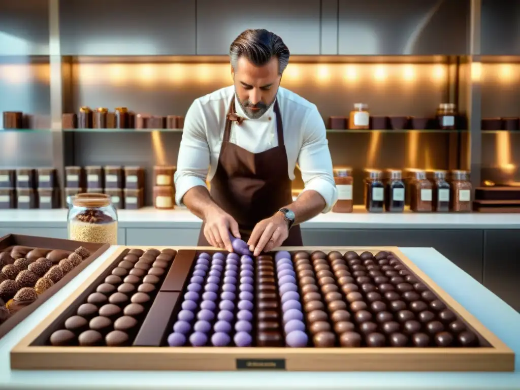 Un maestro chocolatero elabora chocolates artesanales con infusiones sorprendentes en una cocina soleada y pulcra