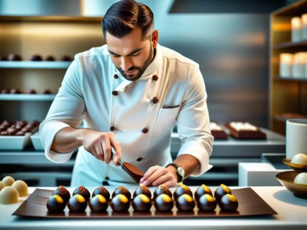 Un maestro chocolatero crea chocolates artesanales multisensorial gourmet con pasión y precisión en su elegante obrador