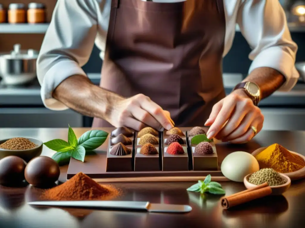 Un maestro chocolatero crea chocolates artesanales con infusiones sorprendentes, rodeado de especias vibrantes y hierbas