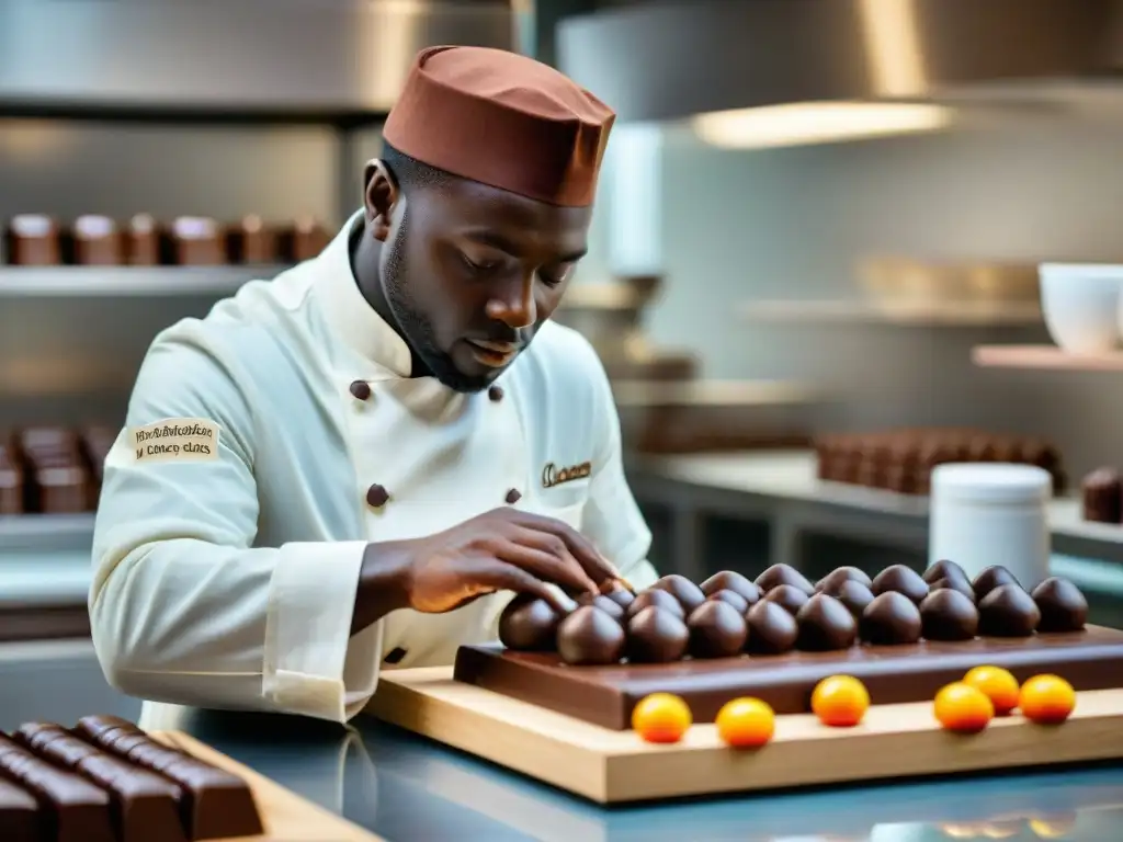 Un maestro chocolatero innovando en chocolates artesanales con precisión y dedicación en su estudio luminoso y ordenado