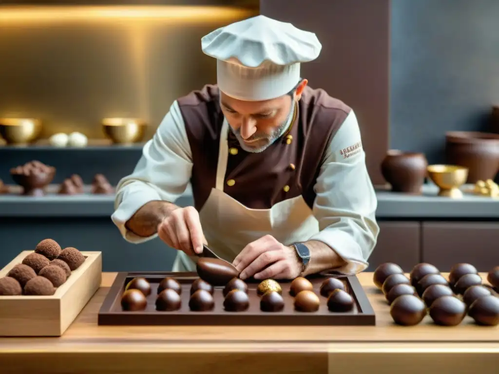 Un maestro chocolatero elaborando chocolates artesanales gourmet con precisión y arte en un acogedor taller