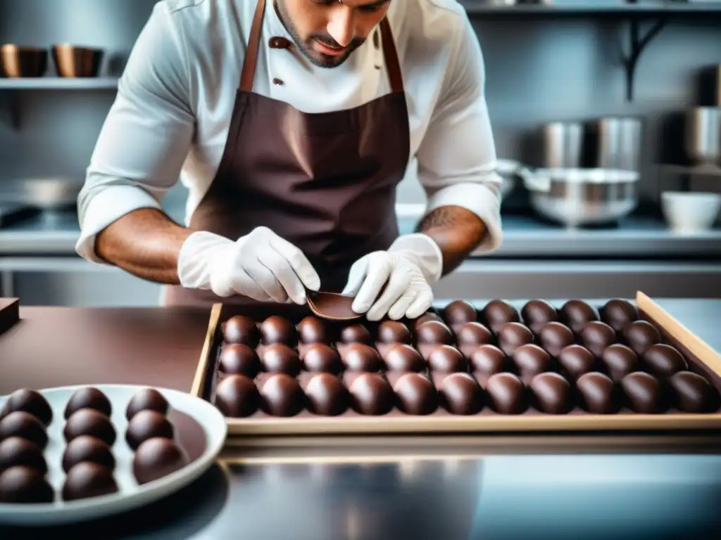 Un maestro chocolatero crea chocolates negros artesanales gourmet en un laboratorio de cocina moderno y elegante