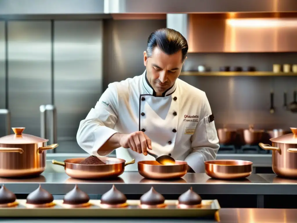 Un maestro chocolatero en una cocina moderna, creando postres de lujo con técnicas vanguardia chocolate gourmet