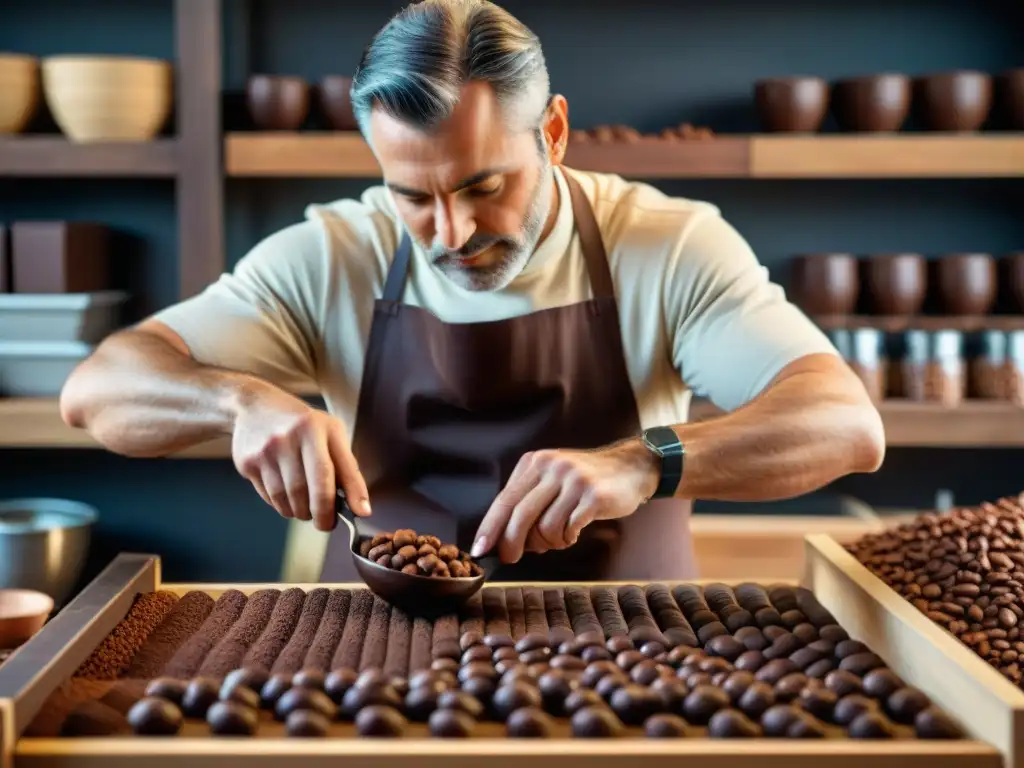 Maestro chocolatero seleccionando con cuidado granos de cacao en taller rústico